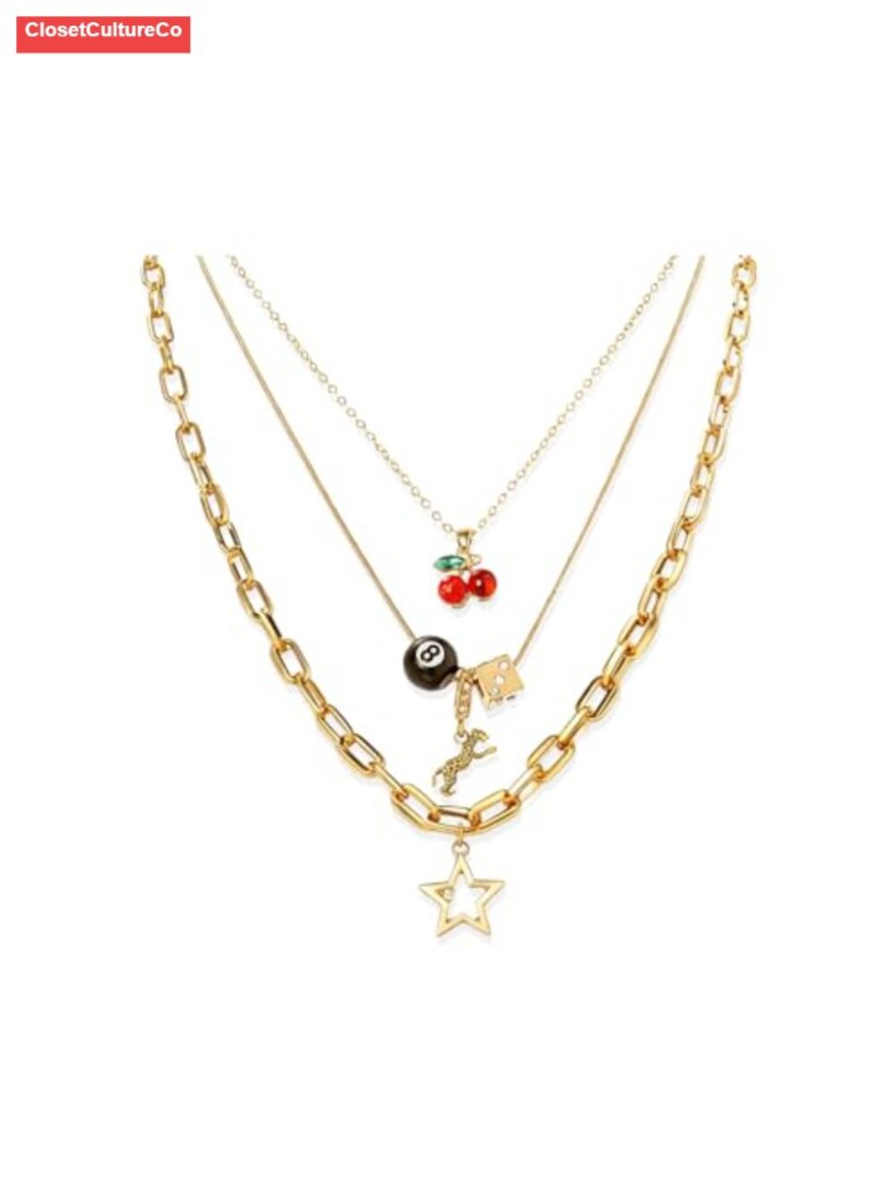 Layered Gold Necklace Set Cherry Star Dice Charm Y2K Streetwear Gift